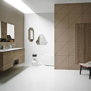 Kolekcja mebli łazienkowych Strato dostępna jest w eleganckim dekorze drewna. Fot. Ibani