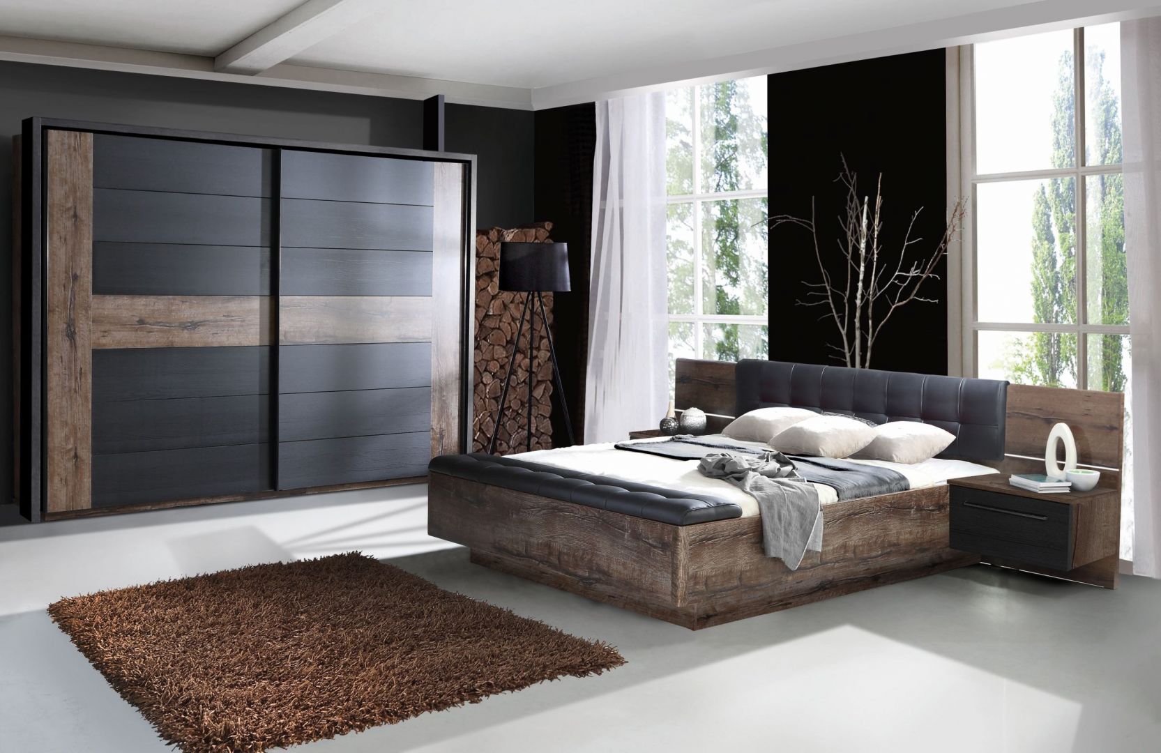 Sypialnia Recover to stylowe meble w modnym odcieniu szarości oraz dekorze drewna. Fot. Salony Agata
