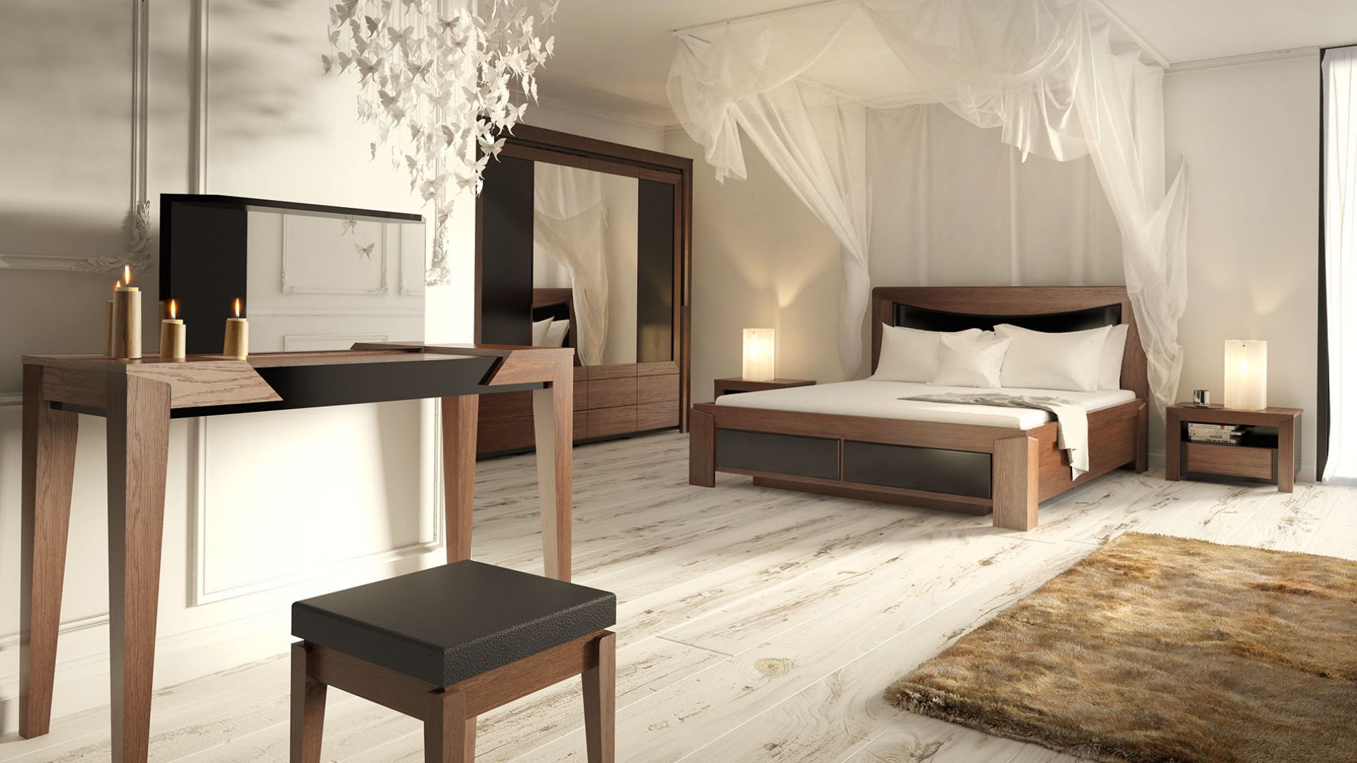 Sypialnia Sempre składa się z podwójnego łoża z zagłówkiem, któremu towarzyszą zgrabne szafki nocne, toaletki z lustrem na długich, wysmukłych nogach, tapicerowanego stołka i czterodrzwiowej szafy z lustrem. Fot. Mebin