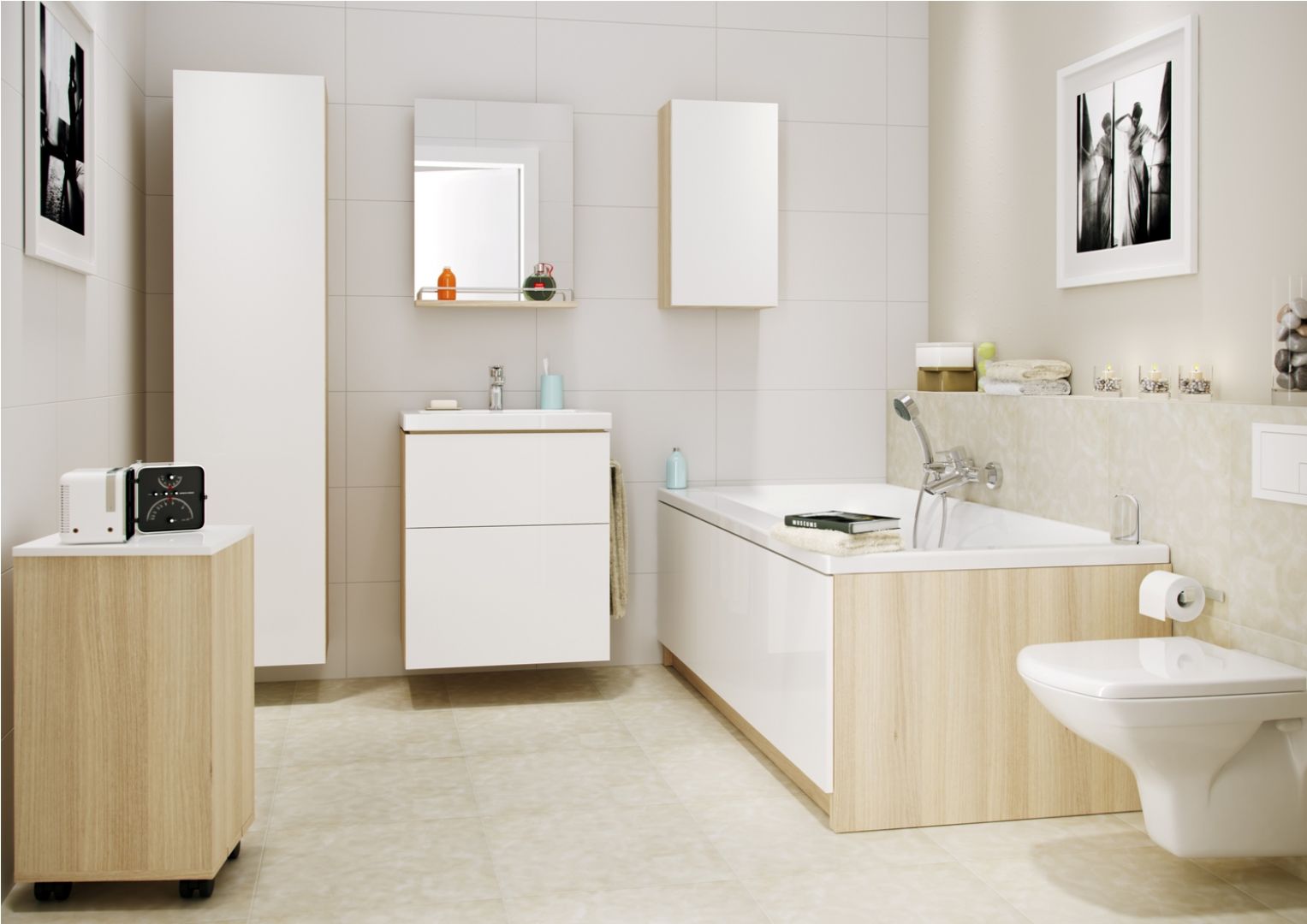 Meble łazienkowe z kolekcji Smart. Białe fronty ładnie łączą się z drewnem. Fot. Cersanit