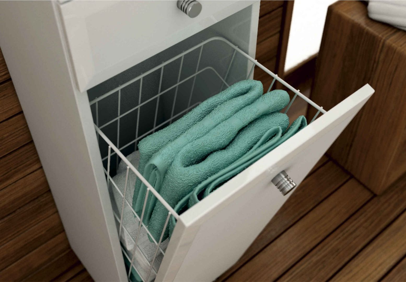 Kosze na pranie lub ręczniki to praktyczny sposób na trzymanie w łazience czystości. Fot. Aquaform
