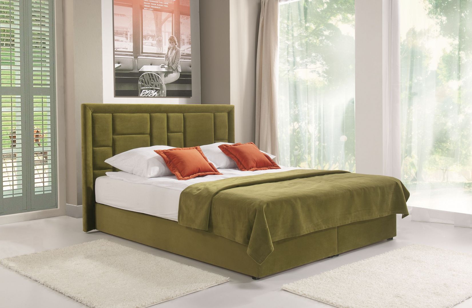 Łóżko Linea w pięknym kolorze zielonym. Stonowana kolorystyka pozwoli urządzić piękną sypialnię w kolorach ziemi. Fot. Libro