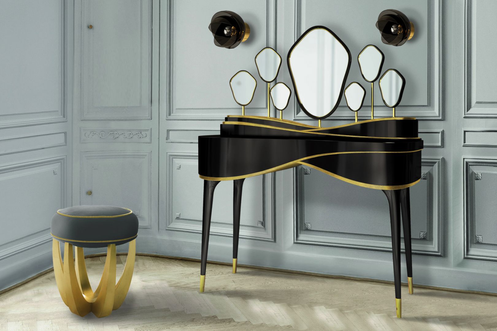Piano Gold Leaf & High Gloss Lacquer Dressing to modne połączenie czerni oraz złotych detali. Fot. Touched Interiors