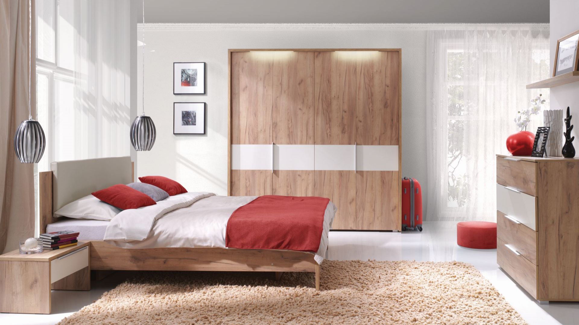 Jasna sypialnia. Piękne meble z rysunkiem drewna