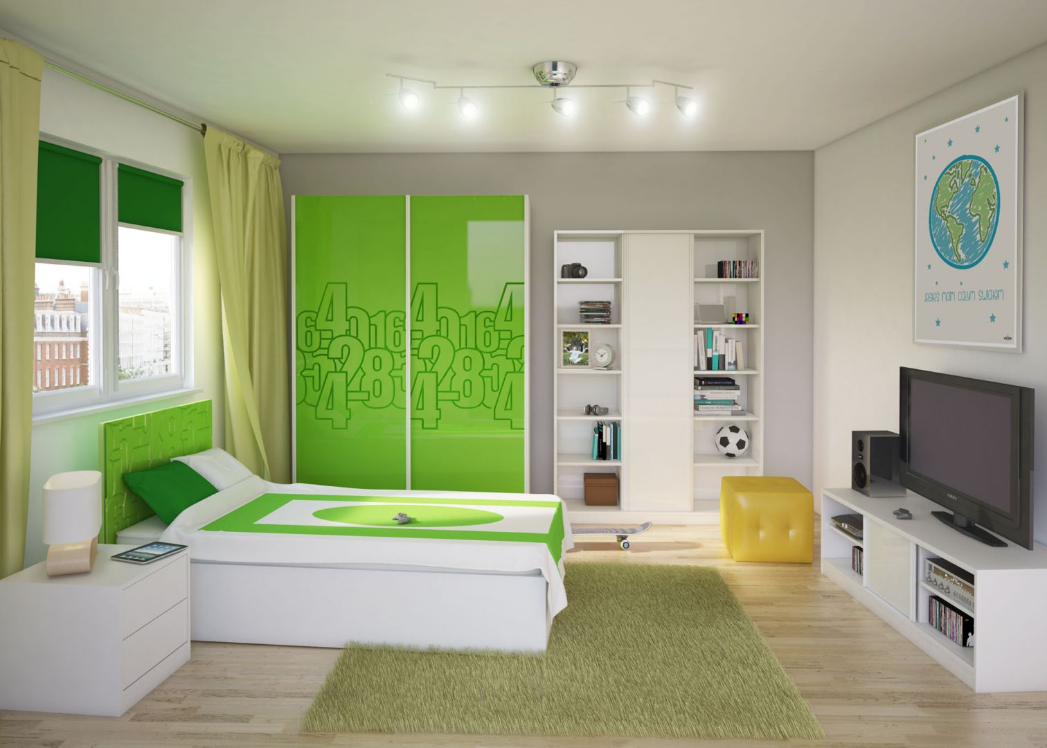 Białe łóżko z zielonym wezgłowiem wygląda modnie i wprowadza radosny nastrój. Fot. Miretto