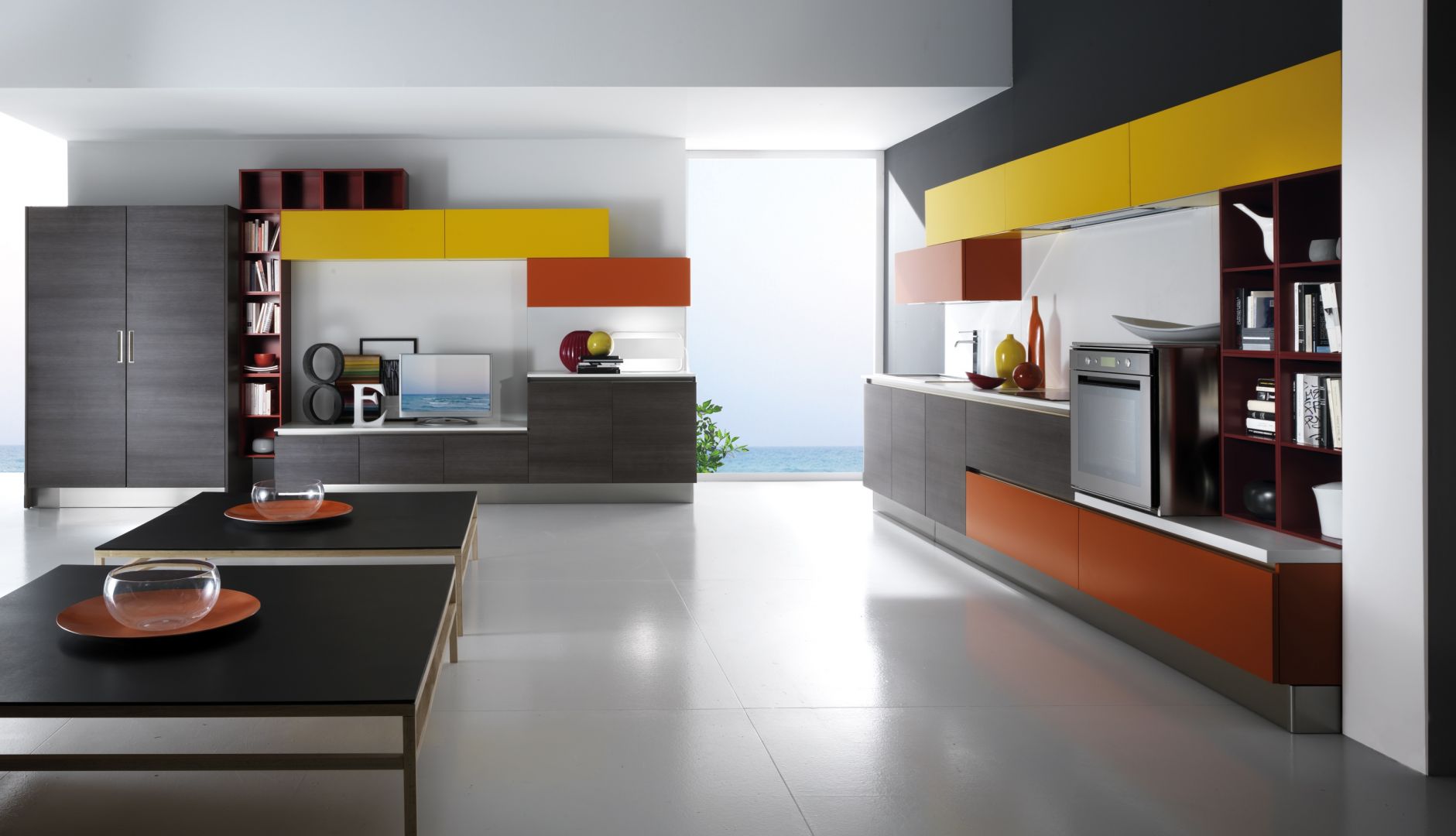 Zastosowanie analogicznych kolorów w meblach kuchennych i salonowych pozwoli stworzyć harmonijną całość. Fot. Biefbi