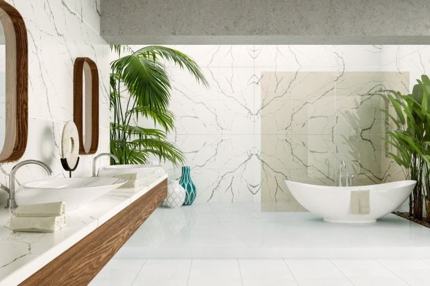 Jednym z materiałów, które doskonale sprawdzają się w eleganckich łazienkach, są konglomeraty kwarcytowe. Można z nich wykonywać stylowe blaty w najróżniejszych kolorach.