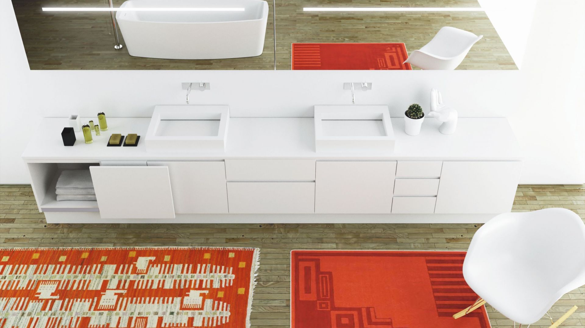 Białą kolekcję marki Moma Design Mobile Lounge 73 Slide podkreśla oryginalna dekoracja - dywaniki w kontrastującym, czerwonym kolorze. Fot. Moma Design