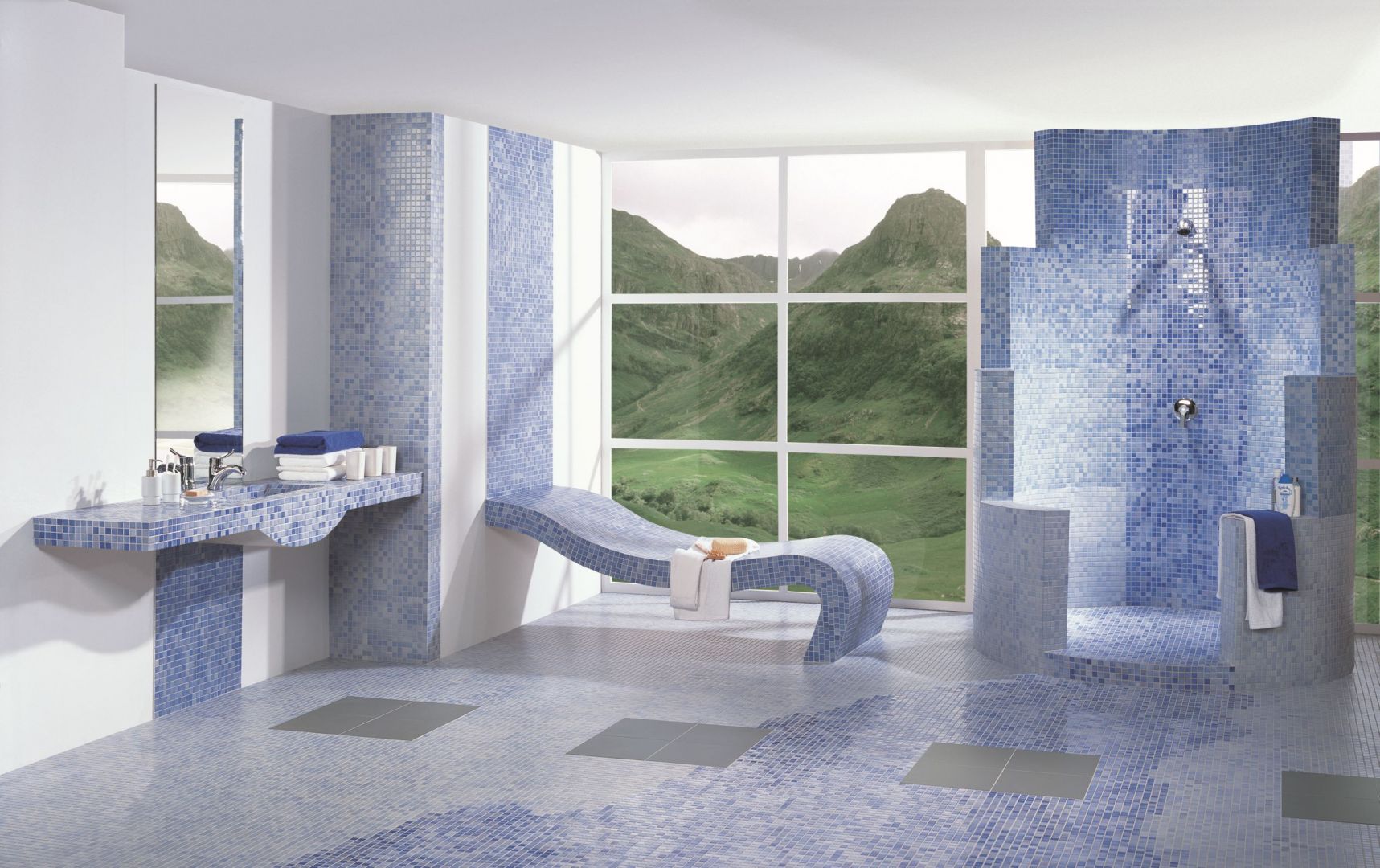 Estepona azul z oferty Ceramiki Paradyż to piękna mozaika w różnych odcieniach niebieskiego, sprawdzi się w łazience w morskim stylu. Fot. Ceramica Paradyż
