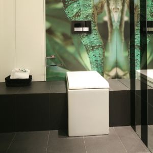 Efektowne kształty ceramiki sanitarnej podkreślają reprezentacyjny charakter  toalety: sedes La Fontana Art Ceram, spłuczka pod- tynkowa Geberit z płytką Sigma 50. Fot. Bartosz Jarosz
