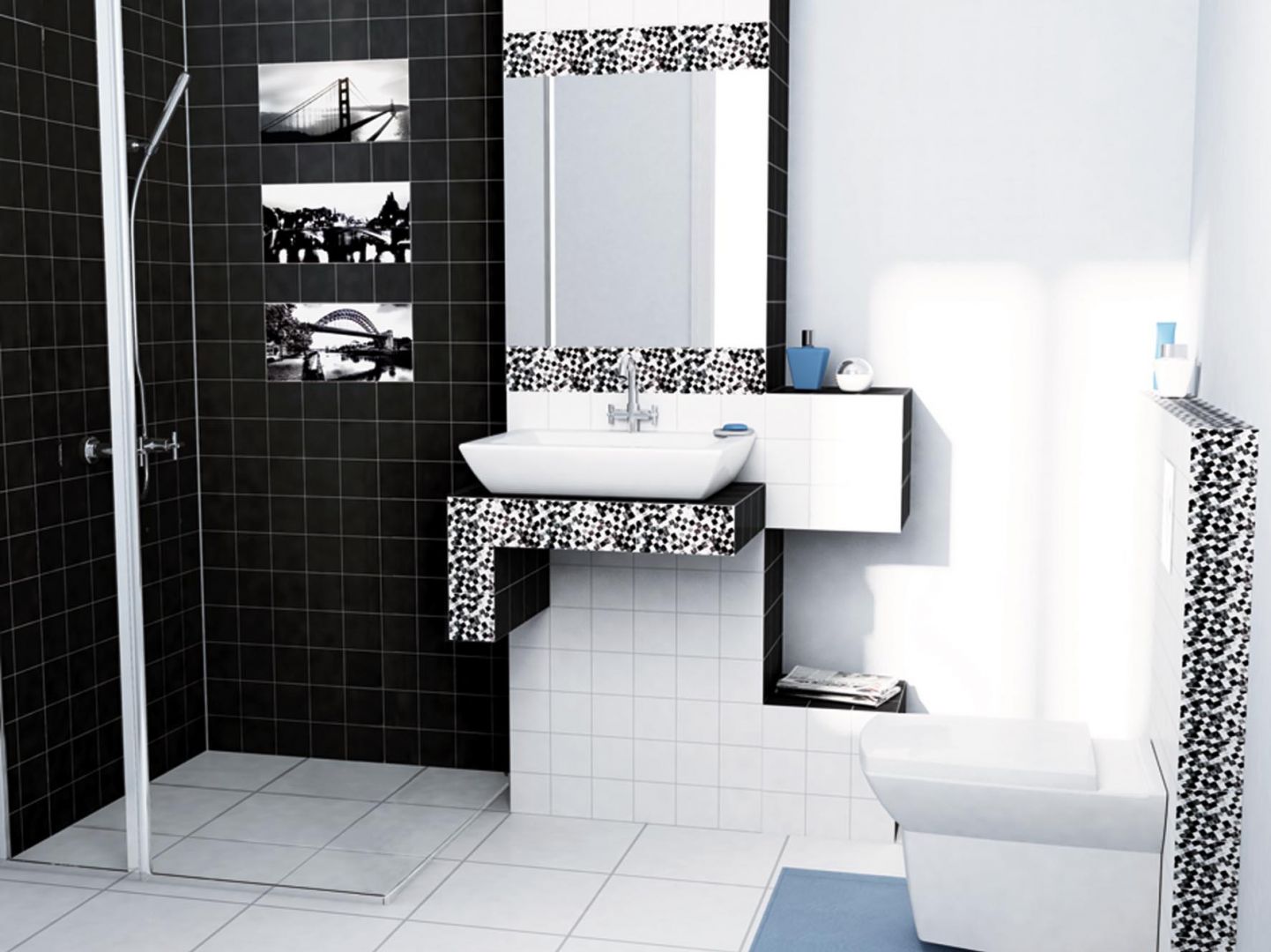 Белая ванная комната с черными элементами интерьера