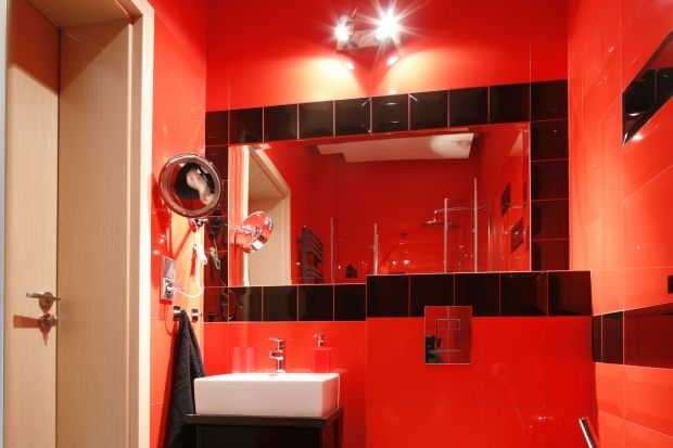 Kolory do tej małej łazienki wybierał syn inwestorki – zbuntowany i pełen energii nastolatek. Jego życzeniem było, by we wnętrzu rządziła wyrazistość. Dlatego króluje tu duet czerni i czerwieni.