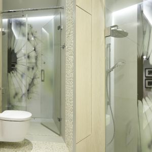 Prysznic znajduje się we wnęce odgrodzonej szklaną ścianką oraz otwieranymi do środka drzwiami. Proj. Małgorzata Galewska. Fot. Bartosz Jarosz 
