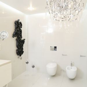 Grzejnik Heatwave to dekoracyjny, designerski model, który pełni w tej łazience podwójną rolę; świetnie wyeksponowany na tle bieli. Fot. Bartosz Jarosz