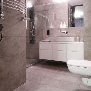 W minimalistycznej łazience urządzonej w modnych szarościach prysznic został umieszczony we wnęce. Proj. Karolina Łuczyńska. Fot. Bartosz Jarosz
