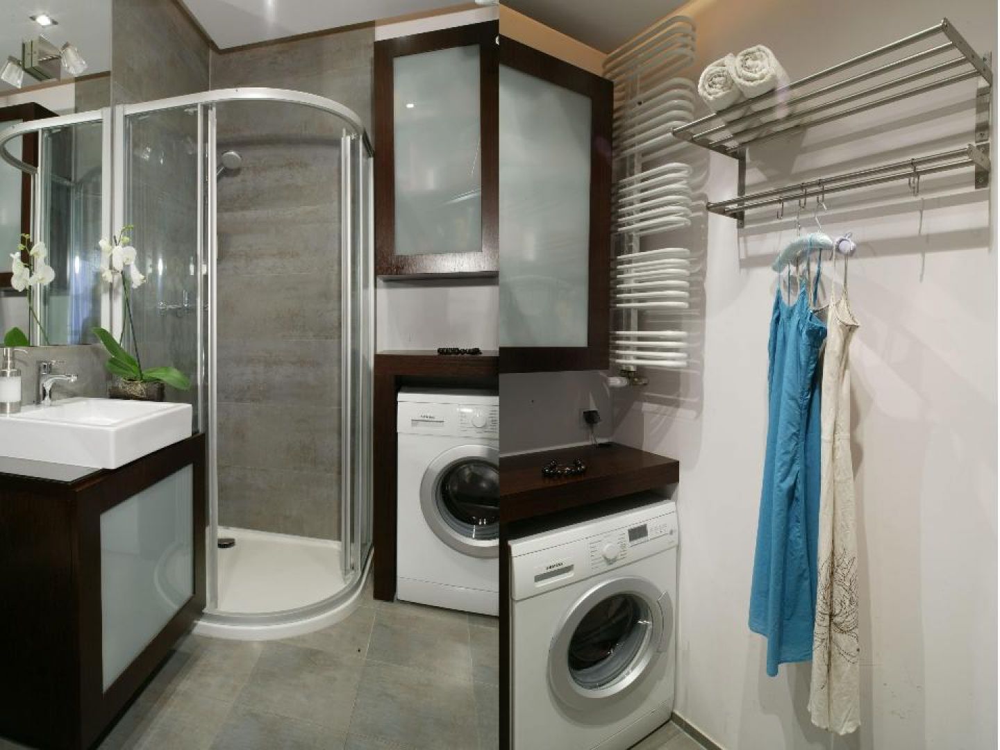 Ванная комната с душевой кабиной и стиральной машиной и унитазом маленькой площади