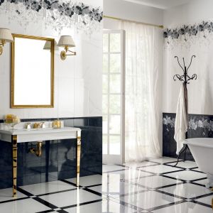 Lśniące płytki na podłodze pasują do aranżacji w stylu glamour lub pałacowym. Wysoki połysk okładzin dodaje łazience luksusowego charakteru. Na zdjęciu: gres porcelanowy Arte firmy NovaBell. Fot. NovaBell