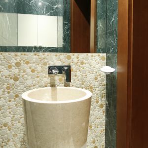 WC dla gości ma tylko 2 metry. Wykończono ją beżowymi zielonym marmurem. Fot. Bartosz Jarosz
