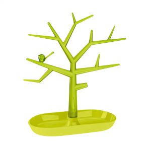 Zielony stojak na biżuterię Pi:P o fikuśnej formie drzewa z rozpostartymi gałęziami, na których spoczął ptak. Fot. Koziol