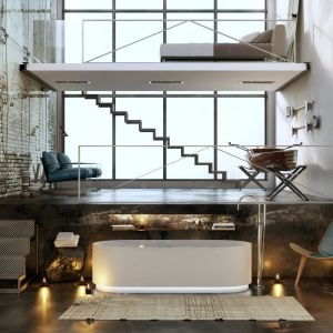 Industrialna aranżacja łazienki od włoskiego producenta Moma Design. Surowość ścian i podłóg, na których widnieje obdrapany tynk, cegła i beton świetnie uzupełnia się z lekkością metalowych i szklanych powierzchni. Fot. Moma Design