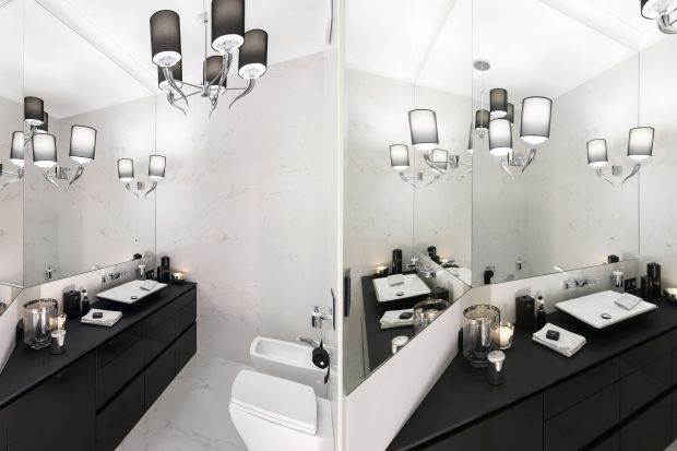 Czarno-biała łazienka w stylu glamlour zachwyca luksusowym stylem, pełnym blasku, szlachetnych materiałów i subtelnych kryształów. Monochromatyczne barwy sprawiają, że wnętrze ma mocny charakter. <br /><br /><br />