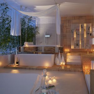 Nastrojową atmosferę w salonie kąpielowym pomoże zbudować oświetlenie, a także świece. Fot. Moma Design