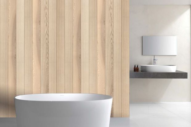 Ściana w łazience: dekoracyjne panele jak drewno