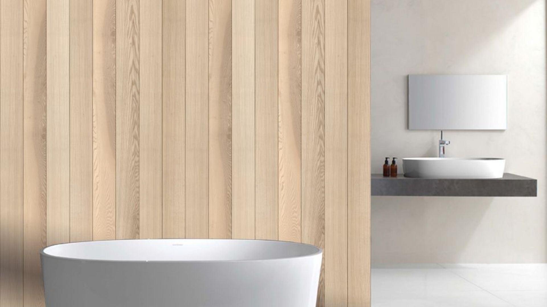 Ściana w łazience: dekoracyjne panele jak drewno