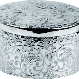 Ceramiczna szkatułka Splendour w srebrnym kolorze, z dekoracyjnym, kwiatowym wzorem. Fot. Home&You