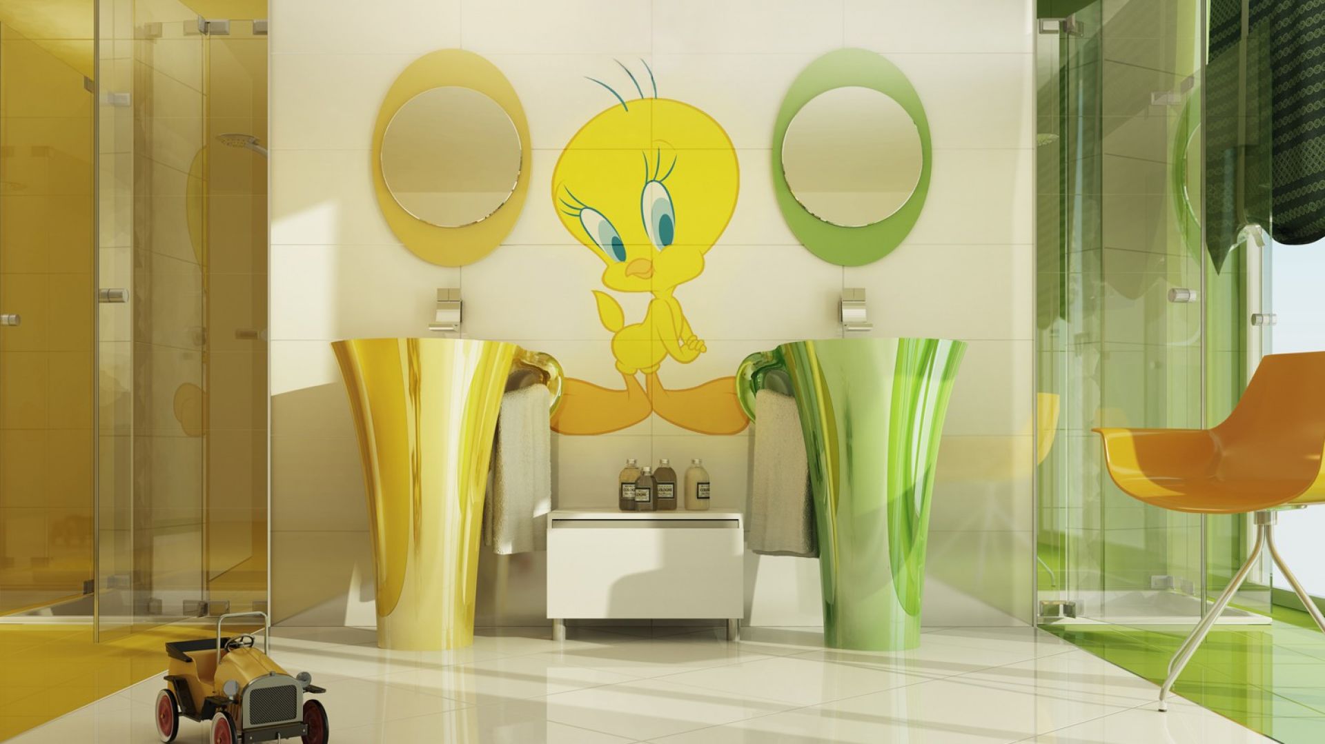Płytki ceramiczne z serii Tweety z sympatycznym kanarkiem na powierzchni. Fot. Novogres