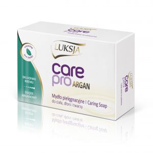 Luksja Care Pro Argan to łagodne dla skóry, pielęgnacyjne mydło 
w kostce zawierające składniki kremu. Dzięki obecności drogocennego olejku arganowego, który słynie z właściwości nawilżających, jest bogaty w witaminy i kwasy omega-6, produkt ten jest szczególnie polecany jest do pielęgnacji cery suchej. Przyjemna kremowa piana zapewnia komfort użycia podczas kąpieli. Produkt przeznaczony jest do mycia ciała, dłoni i twarzy.