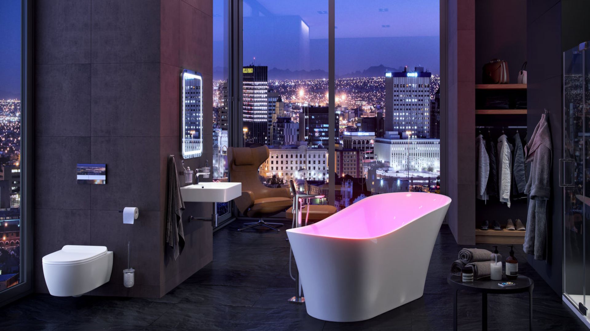 Zintegrowany system hydromasażu z chromoterapią w wannie wolnostojacej Mirage Pearl. Fot. Excellent