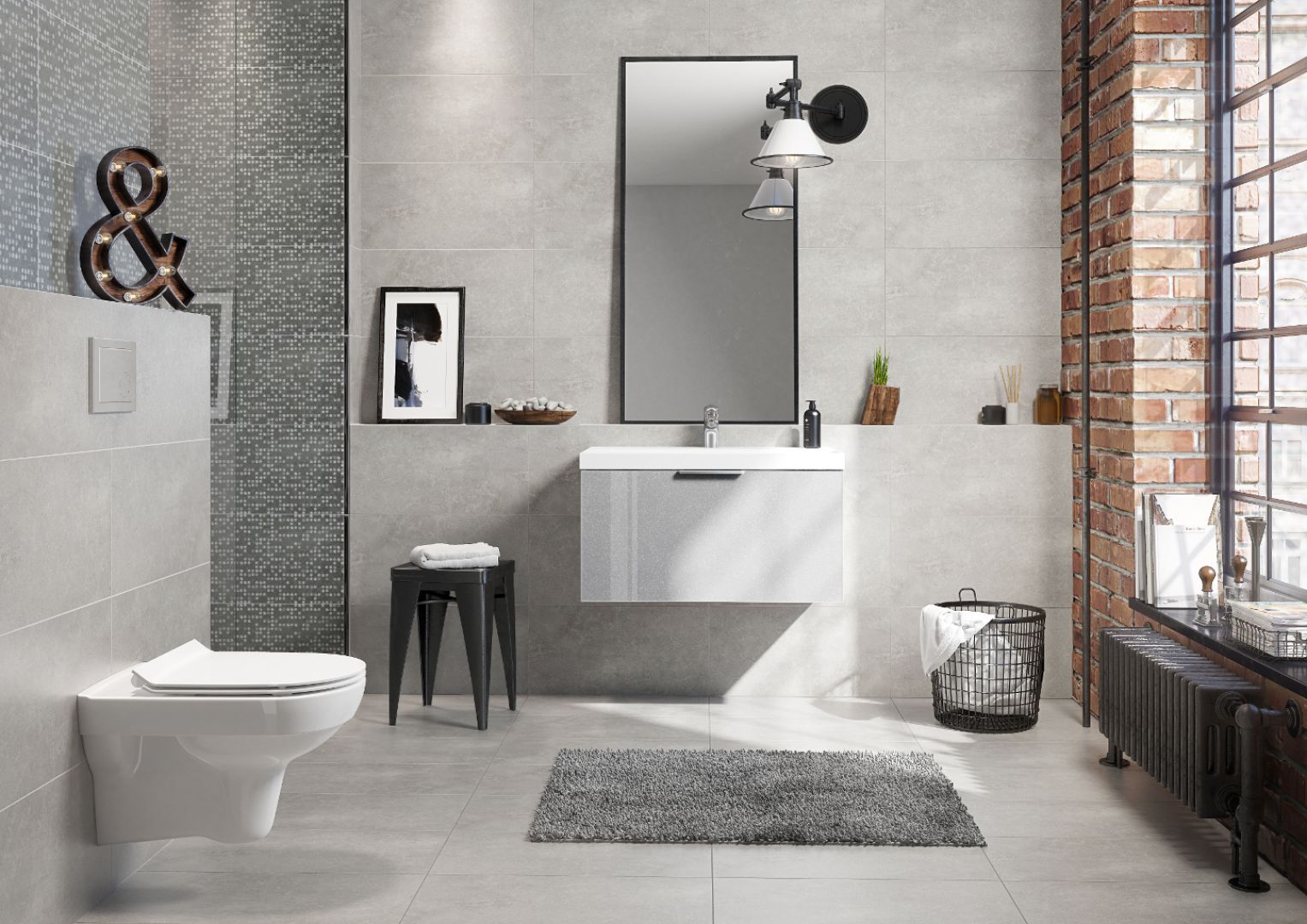 Łazienka w stylu loft z cegłą, metalowymi dodatkami i płytkami z kolekcji Normandie marki Cersanit. Fot. Cersanit