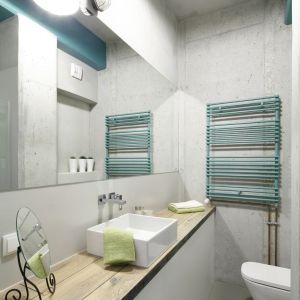 Łazienka w stylu loft z betonem na ścianie i industrialnym oświetleniem. Proj. Małgorzata Chabzda/Nowa Papiernia. Fot. Bartosz Jarosz