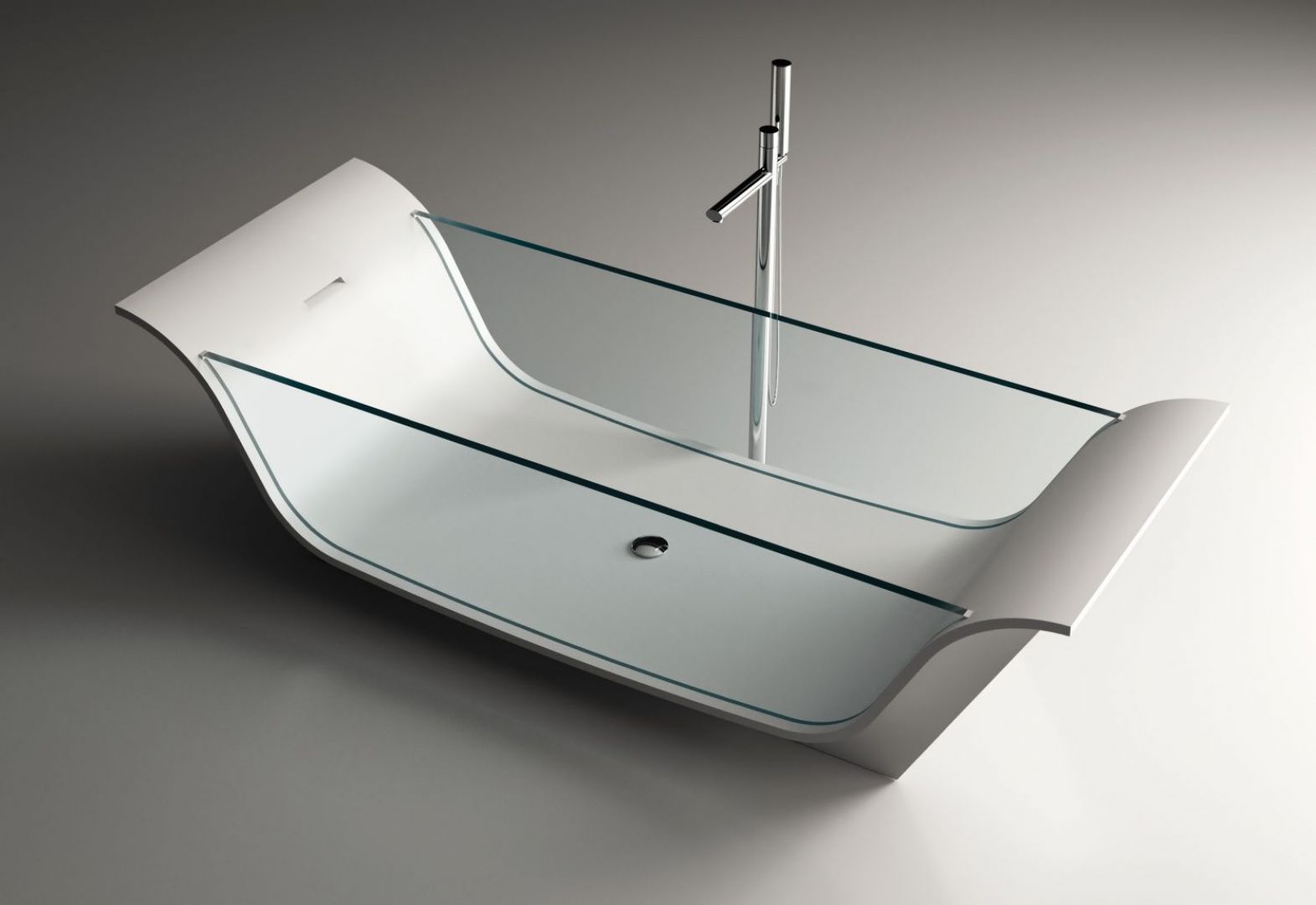 Chaise Longue Vitre to wanna zaprojektowana przez Moma Design. Jej dno i wygięte oparcia wykonane są z Corianu, podczas gdy boki zrobiono z przezroczystego szkła. Fot. Moma Design