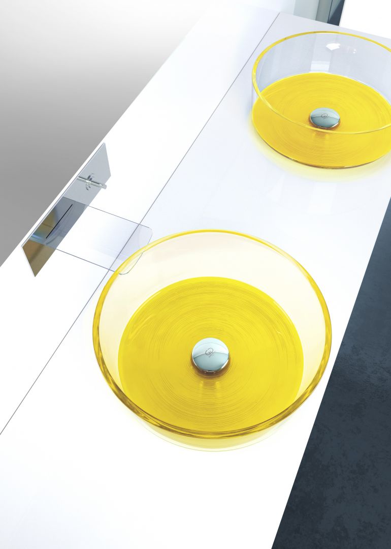 Szklana umywalka nablatowa z kolekcji Drop Katino w kolorze Yellow. Fot. Glass Design