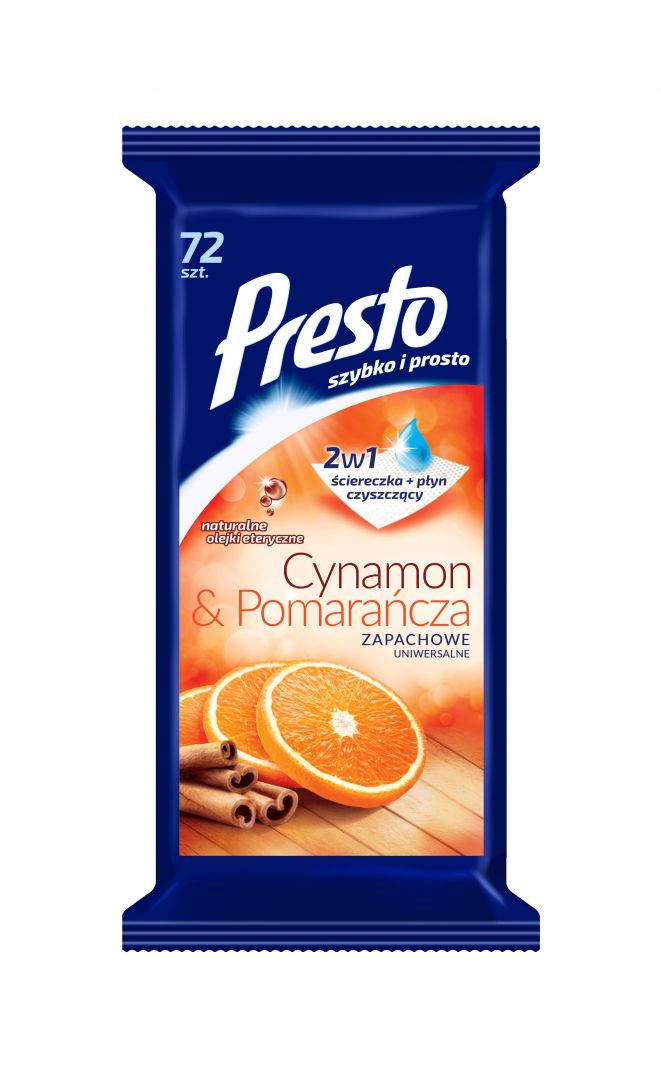 Uniwersalne ściereczki nasączone środkiem czyszczącym, o pięknym zapachu cynamonu z pomarańczą. Fot. Presto