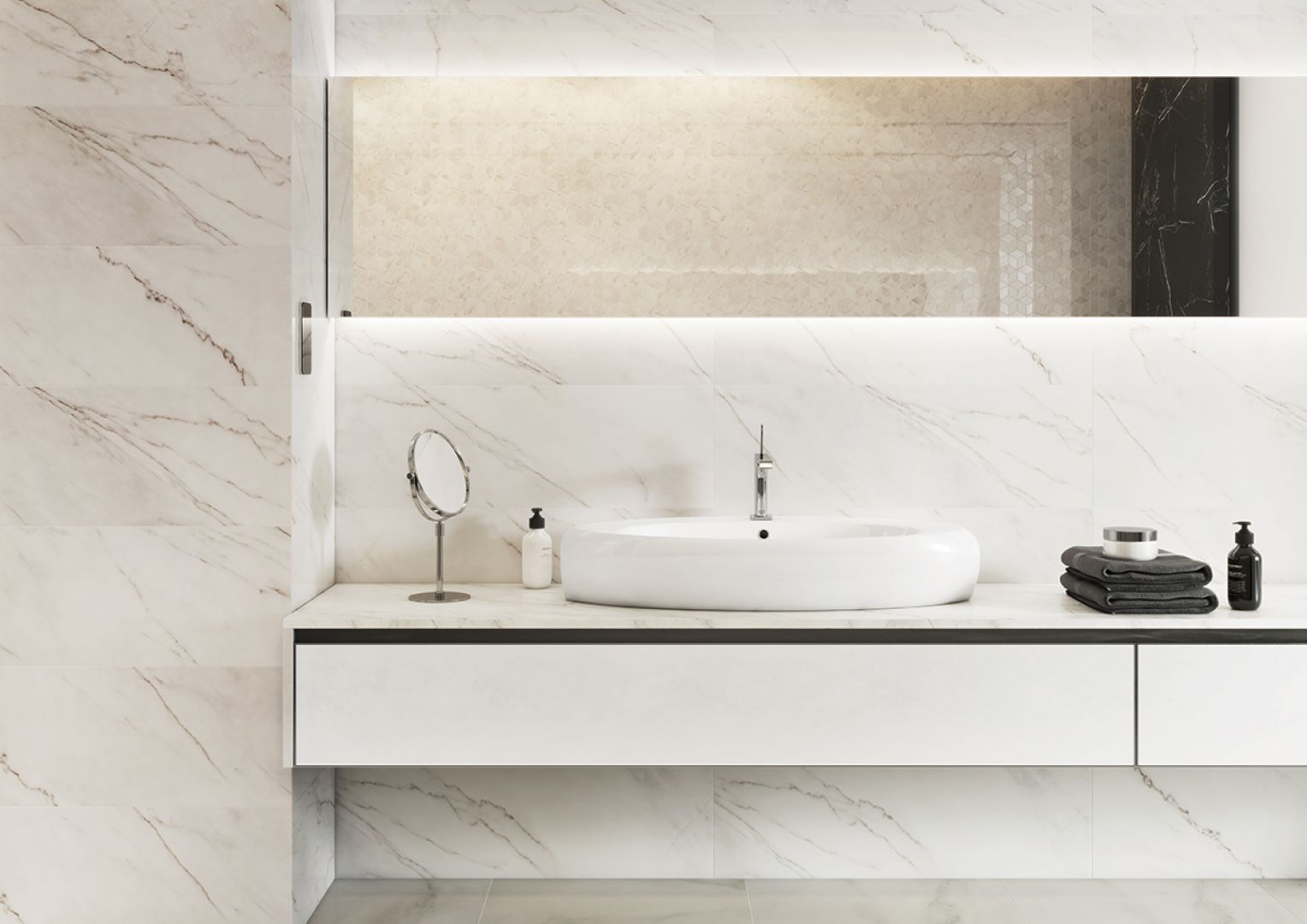 Trendy 2018: płytki ceramiczne imitujące beton. Na zdjęciu kolekcja Carrara Pulpis marki Opoczno. Fot. Opoczno