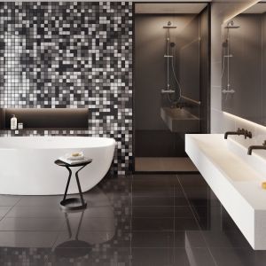 Czarno-biała łazienka z mozaiką z kolekcji Cambia. Fot. Cerrad