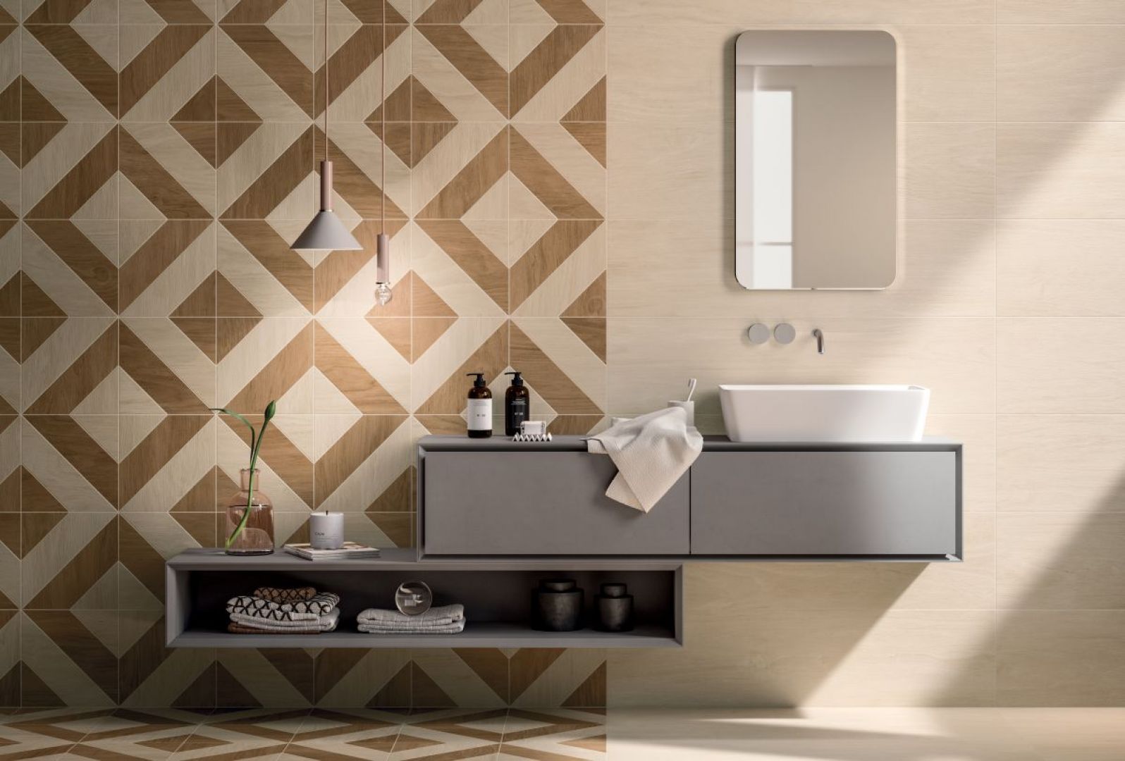 Płytki ceramiczne z kolekcji Chic Wood z motywem geometrycznym Quadrus marki Ceramica Panaria. Fot. Ceramica Panaria