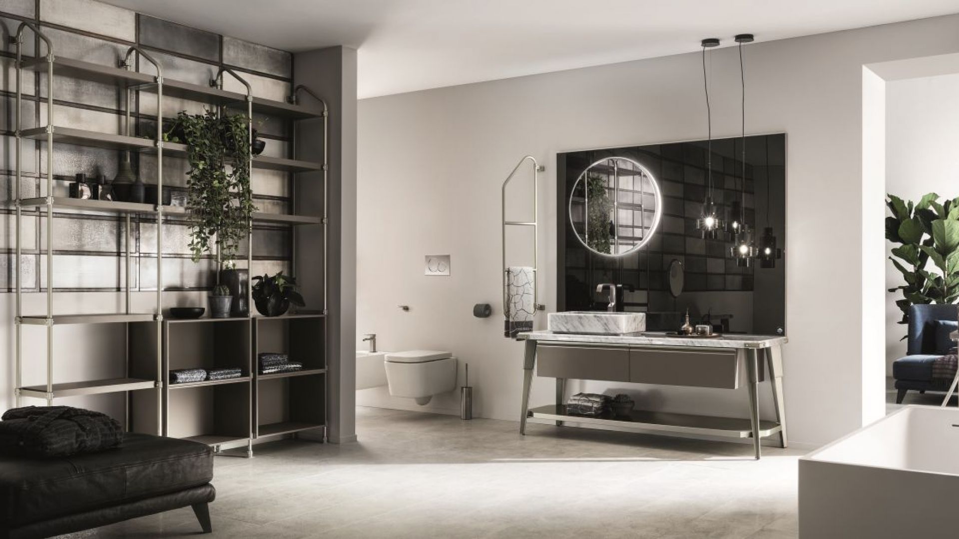 Koncepcja urządzenia łazienki w stylu industrialnym Open Workshop zaproponowana przez markę Diesel Home i Scavolini. Fot. Scavolini