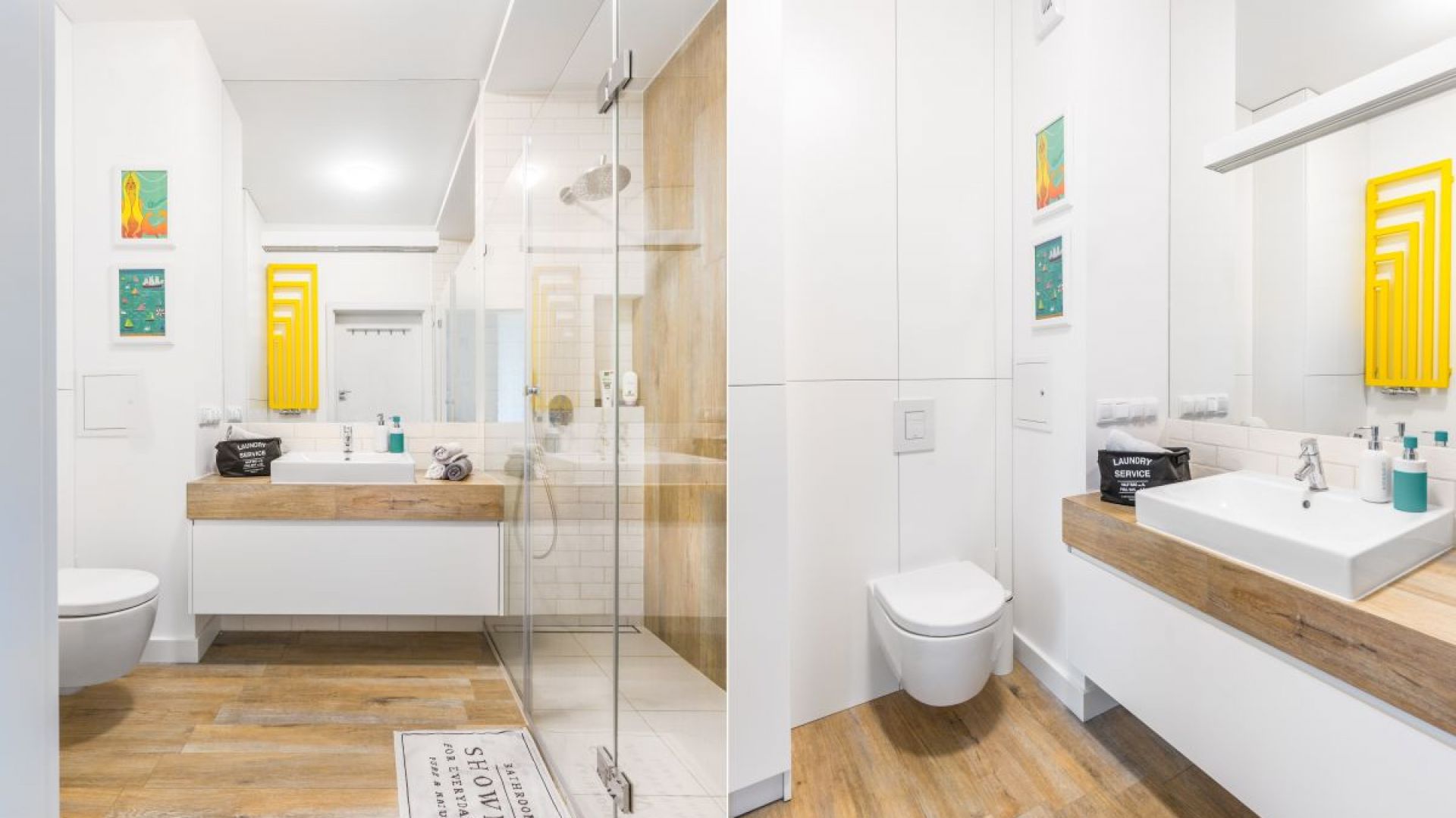 Biała łazienka ocieplona drewnem. Proj. Decoroom. Fot. Pion Poziom