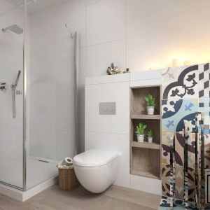 Projekt łazienki z grzejnikiem Optimus marki Luxrad. Proj. OF DESIGN 