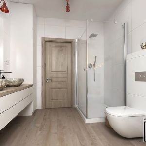 Projekt łazienki z grzejnikiem Optimus marki Luxrad. Proj. OF DESIGN 
