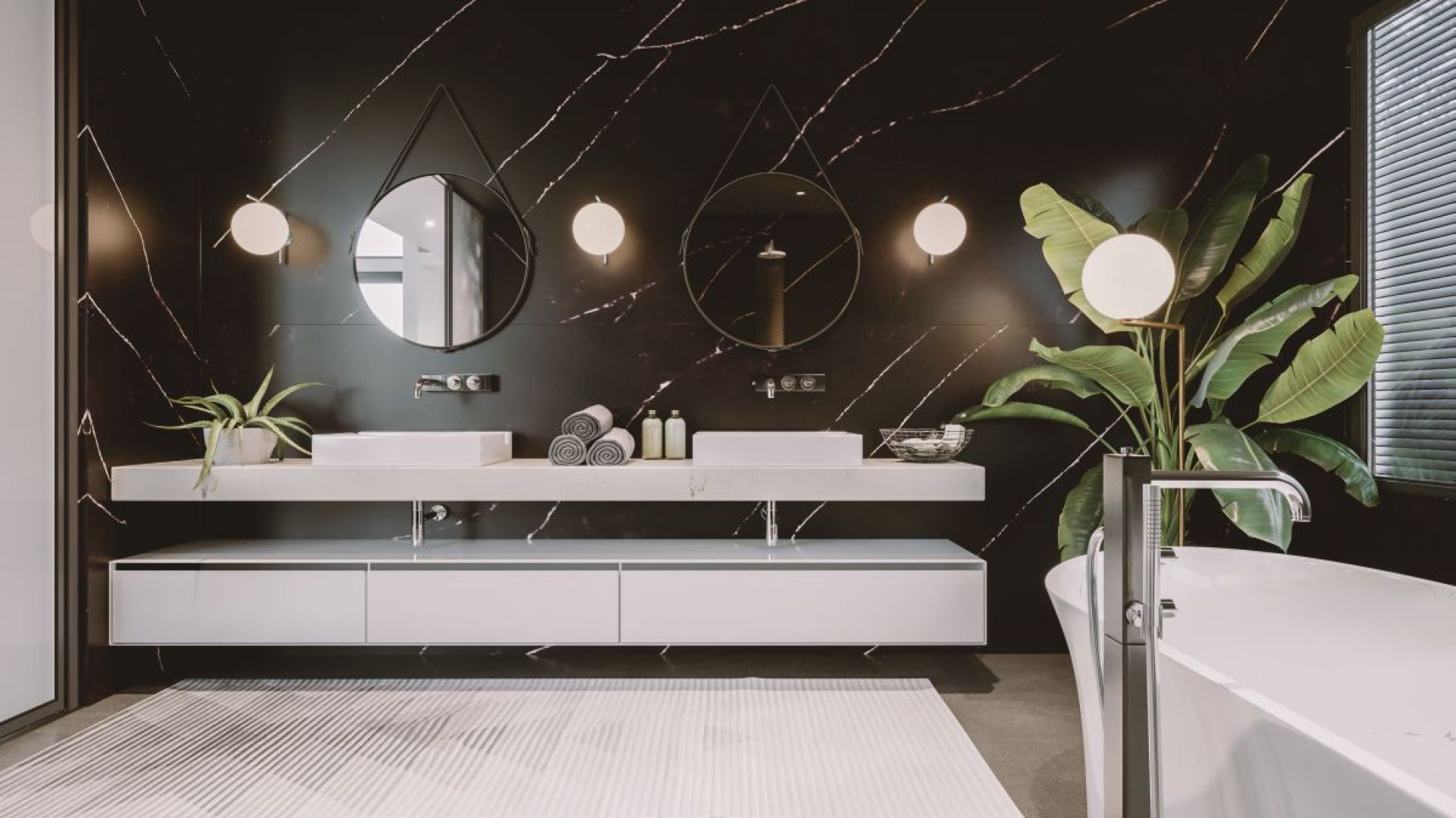 Aranżacja salonu kąpielowego z konglomeratem kwarcytowym TechniStone® Poetic Black. Fot. Technistone