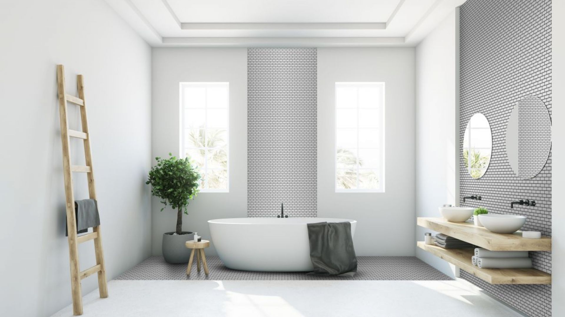 Szara łazienka. Na zdjęciu mozaika Mini cegiełka Metallic Silver mat. Fot. Raw Decor