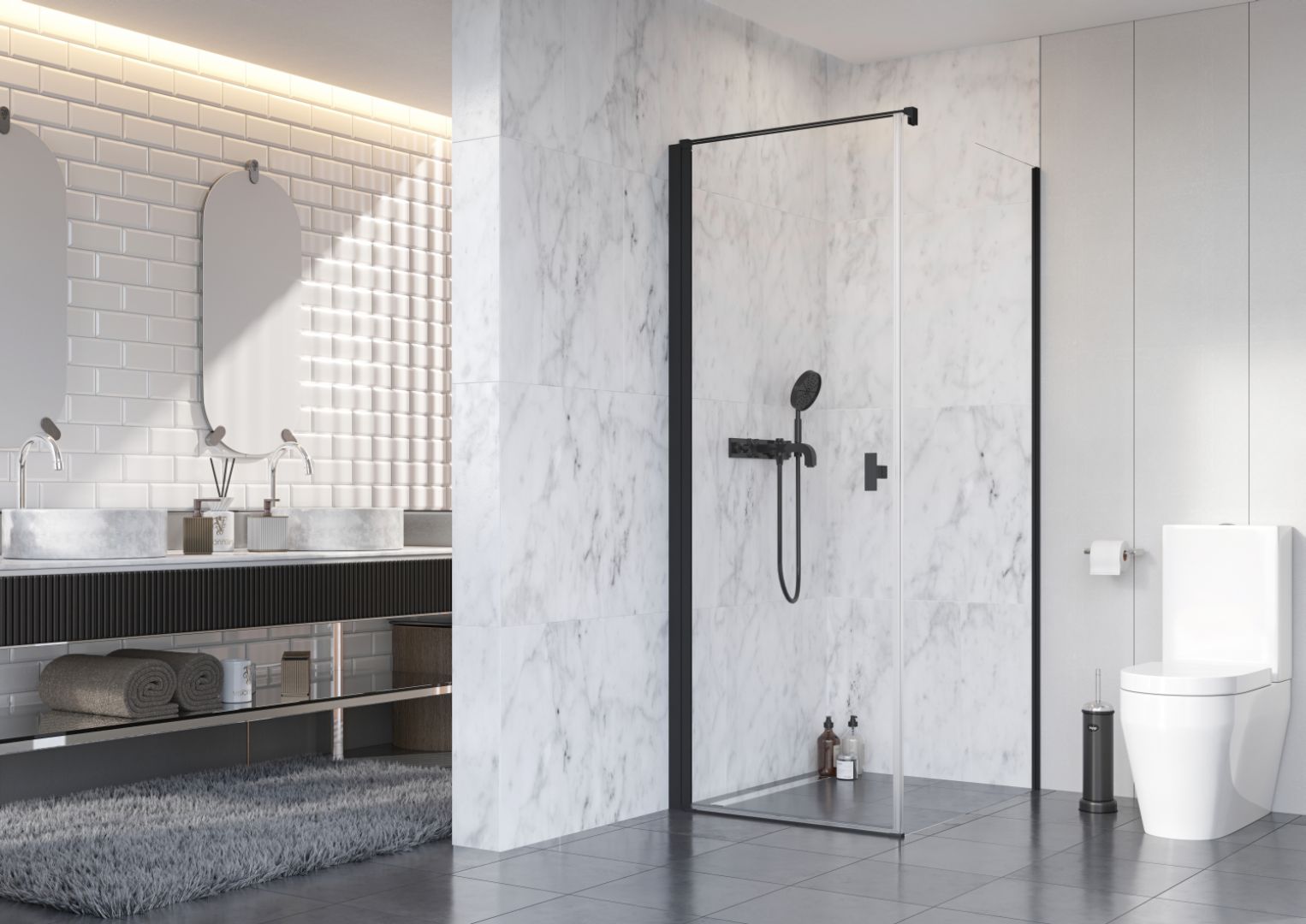 Czarne kabiny prysznicowe świetnie sprawdzą się we wnętrzach w stylu industrialnym, jak również w łazienkach w stylu glamour. Na zdjęciu kabina prysznicowa Black NES KDJ. Fot. Radaway