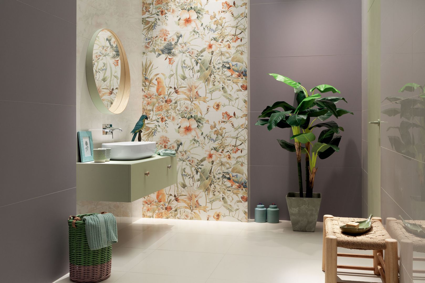 Płytki ceramiczne z tropikalnym dekorem z kolekcji Modern Pearl marki Tubądzin. Fot. Tubądzin