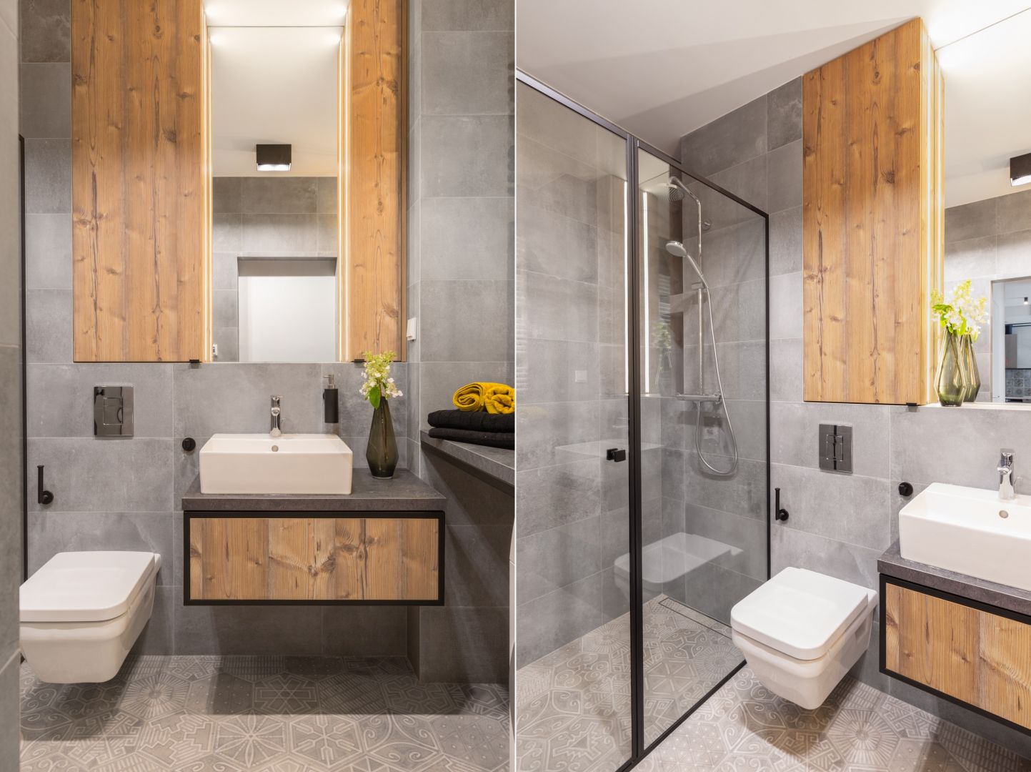 Pomysł na fronty meblowe w łazience: pionowy rysunek drewna w rustykalnym stylu. Proj. Decoroom. Fot. Materiały prasowe Decoroom