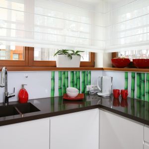 W białej kuchni mocny akcent kolorystyczny stanowi fototapeta z zielonymi bambusami. Wyłożono nią jedynie róg pod oknami. Projekt Katarzyna Mikulska -Sękalska. Fot. Bartosz Jarosz.